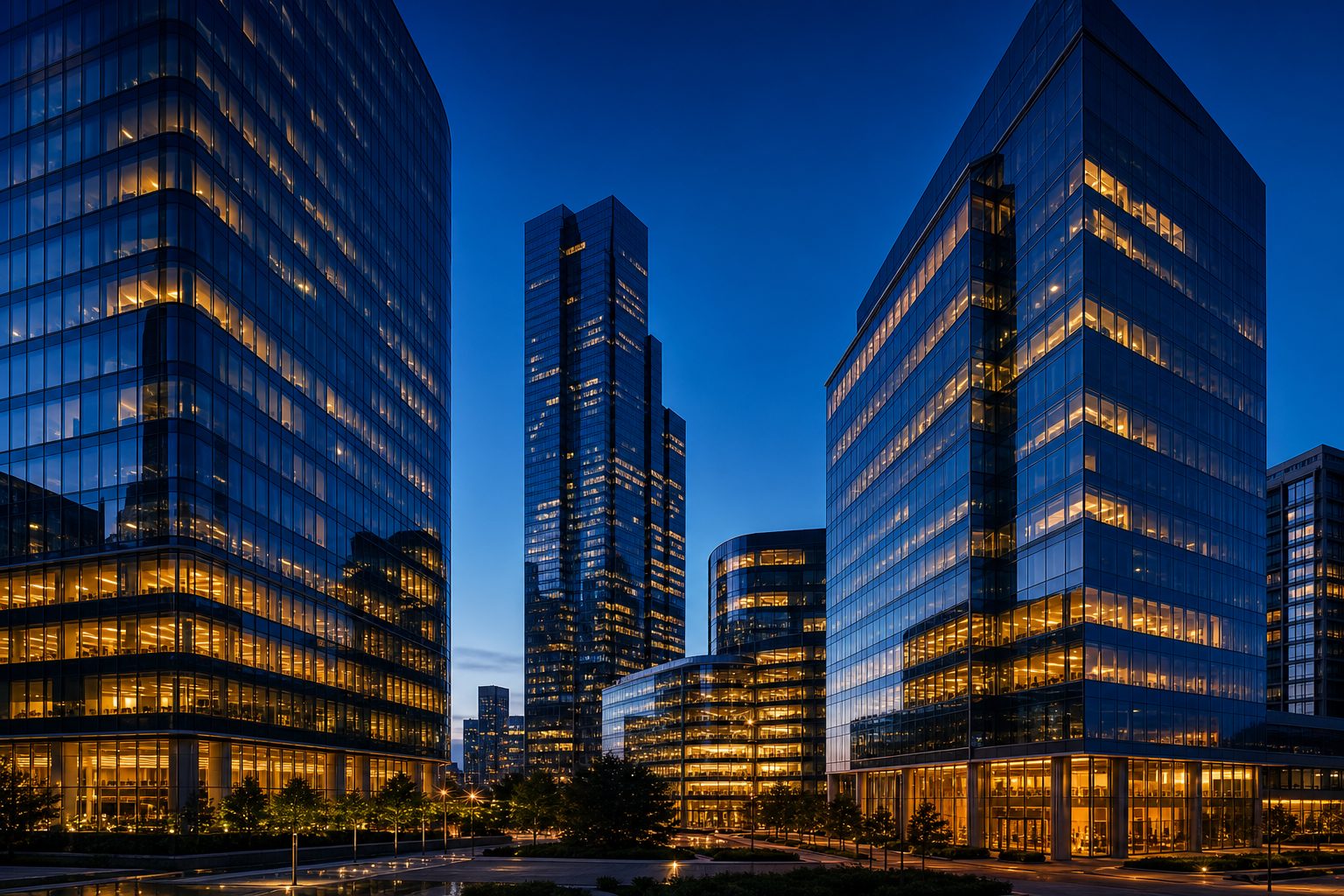 Commercial financial district at dusk